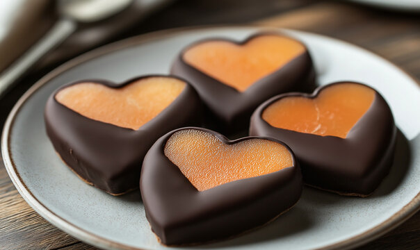 Decadent chocolate-dipped quince slices arranged in a love-heart shape create irresistible gourmet dessert artistry today