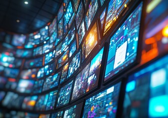 Curved Control Room Monitors Displaying Data Streams