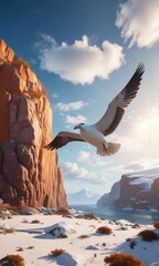 Naklejka premium Ein Albatros in einem orangen Himmel über der Antarktis mit einer weißen Krümmel und Felsen, sunny sky, wavy sea