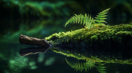 Green Elegance: Moss and Fern Detail on Aged Wood in Dramatic Low Light with Water Surface Depth and Mysterious Creature Highlighted.Generative AI