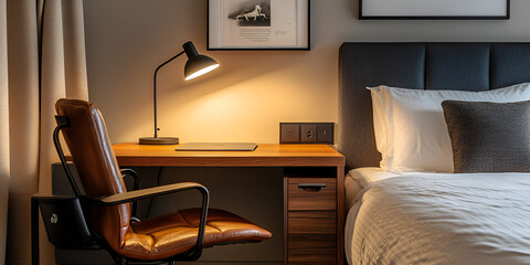 Fototapeta premium Compact Desk Setup in a Boutique Hotel Room with Cozy Ambiance
