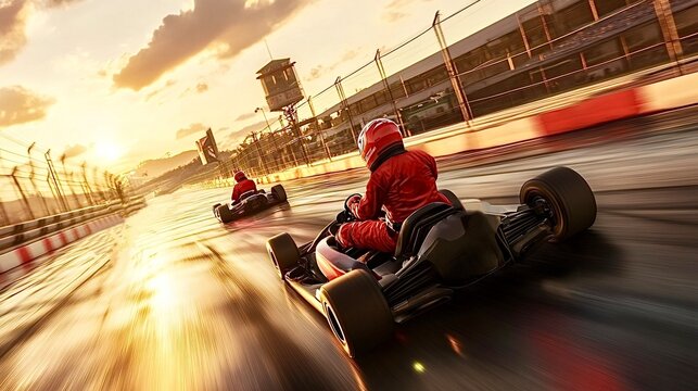 Kart racers competing on a wet track during sunset