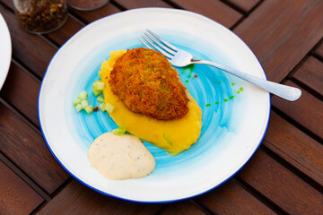 Appetizing Pozhanskaya cutlet with mashed potatoes. Russian cuisine