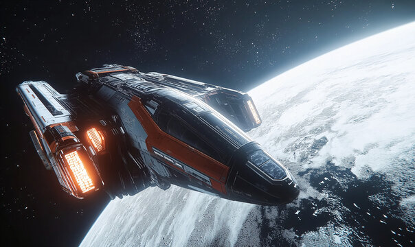 Futuristic space station gracefully orbiting a distant planet amid twinkling stars for cosmic exploration imagery