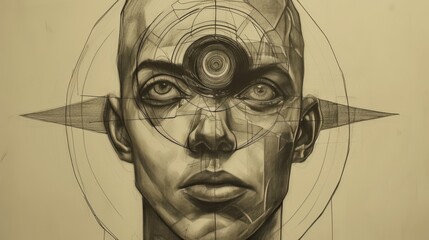 A striking digital portrait focusing on minimalistic features, geometric symmetry, and mechanical elements for a futuristic aesthetic. AI generated.