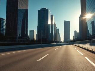 Empty asphalt road lined with tall skyscrapers reflecting sunlight and casting long shadows, empty road, urban canyon, urban architecture
