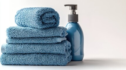 Neatly folded hand towels and laundry detergent arranged on a simple background