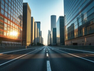 Empty asphalt road lined with tall skyscrapers reflecting sunlight and casting long shadows, sunlight, urban architecture
