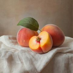 Sweet peaches arranged on a linen napkin offer fresh, rustic presentation ideal for culinary art