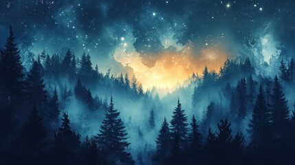 Mystical Forest Underneath A Starry Night Sky