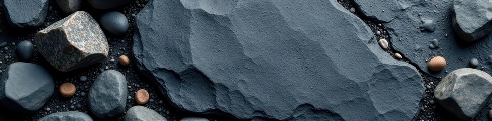 Close-up of dark grey slate texture with scattered small rocks and pebbles, showcasing natural patterns, pebbles, boulder, moss