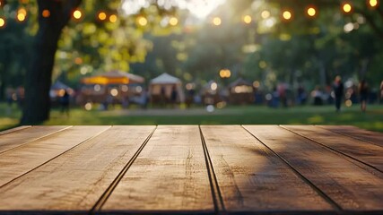A wooden table in focus sits under warm sunlight while a vibrant park celebration unfolds in the background. Guests mingle, enjoy activities, and savor refreshments in the fresh air.