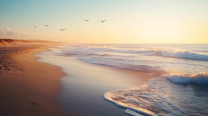 Obraz premium Sunset casting a golden glow on a tranquil sandy shore with gentle waves and seagulls in flight