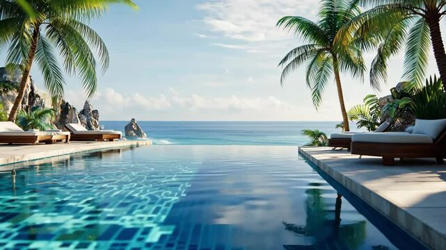Relaxing in a tropical paradise with a shimmering pool and breathtaking ocean views. Sun loungers invite guests to unwind under swaying palm trees. Perfect for escapes.