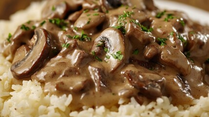 Close-up of rice with rich beef stroganoff. Featuring tender beef in a creamy mushroom sauce, served over rice. Emphasizing a rich, comforting dish. Ideal for stroganoff recipes.