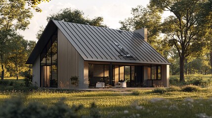 Obraz premium Modern a-frame cabin with a black metal roof is nestled in a sunlit green meadow