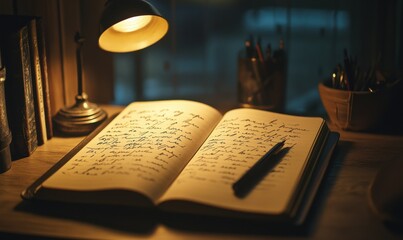 Handwriting flowing on a blank notebook page, lit softly by a nearby lamp, capturing the warmth of a creative process.