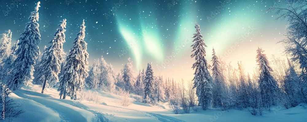 Poster aurora borealis is creating magical atmosphere in snowy coniferous forest at twilight
