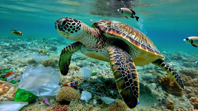 A vibrant marine turtle gracefully swims above a colorful coral reef. Below it, plastic waste is scattered among the corals, highlighting ocean pollution. Small fishes dart nearby.