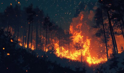 Obraz premium Intense wildfire raging through a forest at nigh image
