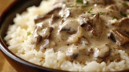 Close-up of rice with savory beef stroganoff. Featuring tender beef in mushroom sauce, served over rice. Emphasizing a hearty, savory dish. Ideal for beef stroganoff recipes.