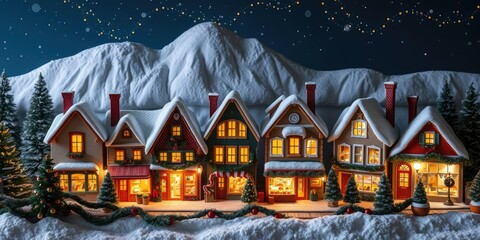 Fototapeta premium Festive holiday village with houses and shops, shops, houses, winter