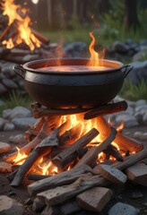 Fiery cauldron on a wooden stump beside the fire pit, campfire, sunny day