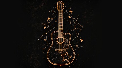 A striking illustration of an acoustic guitar surrounded by glowing stars and constellations, set against a dark background. Perfect for music, art, and astronomy themes. AI generated.