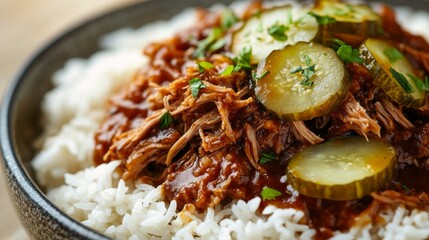 Close-up of rice with tangy barbecue pulled pork. Featuring pulled pork in barbecue sauce with pickles and onions, served over rice. Emphasizing a savory, flavorful dish. Ideal for barbecue recipes.