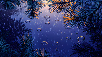 Rain drops merge to form puddles on pine needles, gently, rain. Molten Rain. Illustration