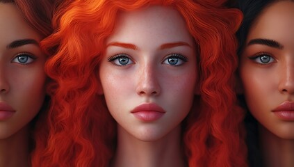 Fototapeta premium Trio of Women with Vibrant Red Curls and Diverse Hair Textures