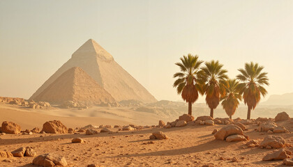 Serene Great Pyramids under soft morning light, tranquil desert setting