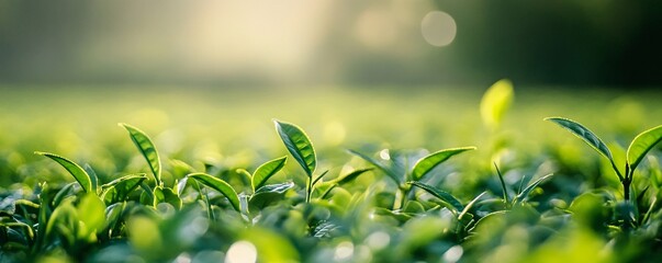 Sunset illuminating lush green tea leaves on a plantation
