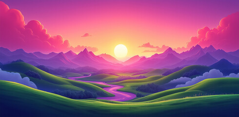 A colorful fantasy landscape with mountains, rivers, and fields at sunset, in a cartoon style with bright colors.