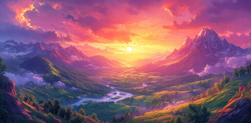 A colorful fantasy landscape with mountains, rivers, and fields at sunset, in a cartoon style with bright colors.