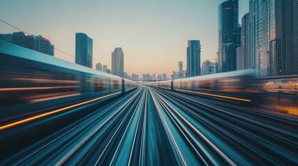 Fototapeta premium Fast train speeding through modern city at dawn.