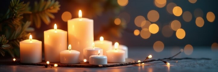Cluster of white pillar candles and string lights, bokeh effect , background, vintage, white