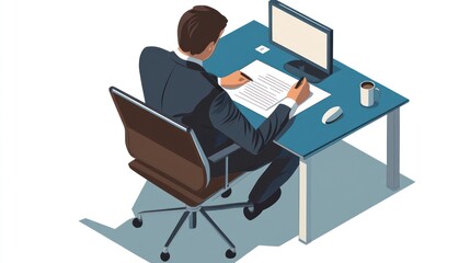 Businessman Writing at a Desk - Isometric View - Office Setting