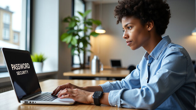 African american woman focused on cybersecurity awareness with password security on laptop screen in modern office