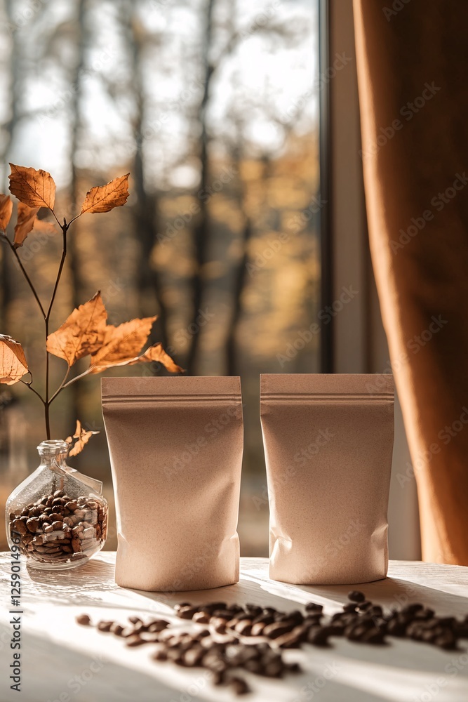 Poster two blank kraft paper coffee bags are standing on a table by the window with an autumn view and coff