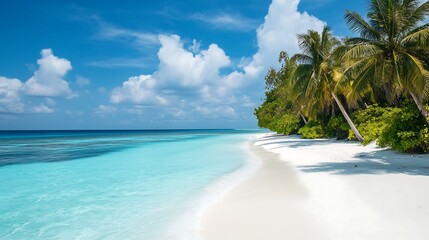 Naklejka premium Romantic Retreat in the Maldives: Stunning White Sand Beaches, Vibrant Blue Skies, and Gently Swaying Palms.Generative AI