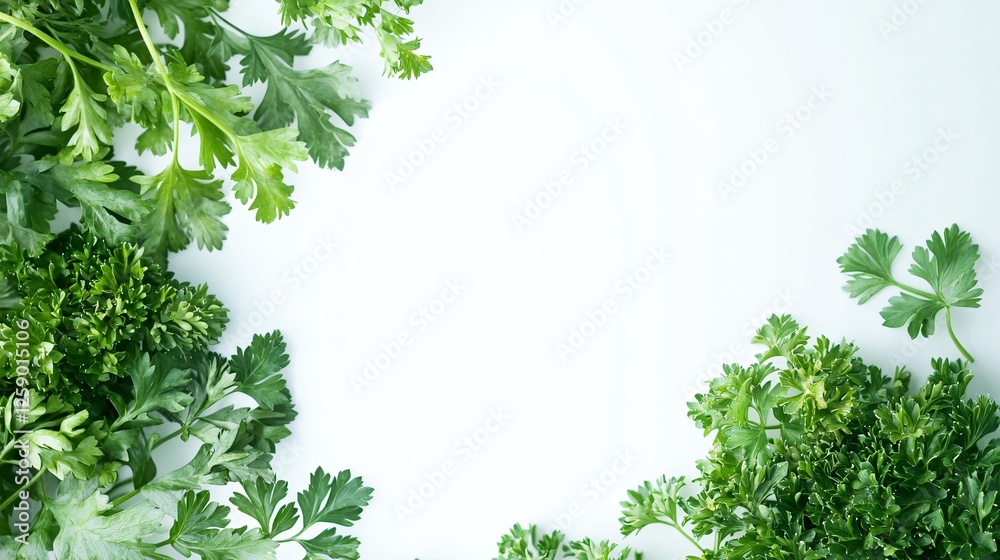Poster fresh curly parsley framing a white background with copy space in the center