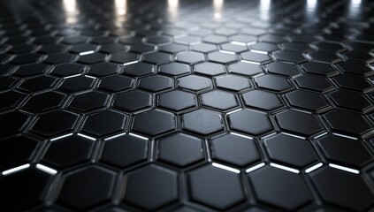 Futuristic hexagon grid floor with illuminated spotlights