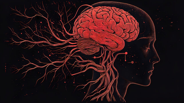 Human brain esoteric body head shape anatomy with artery brain nervous system electrogram and soul energy wave illustration ,generated ai. Arcane Orreries. Illustration
