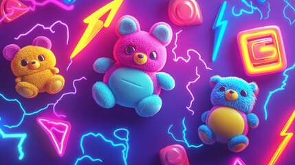 Colorful plush teddy bears with neon elements on purple background.
