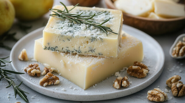 Delicious ingredients on a white table featuring ripe pears, dorblu cheese, rosemary, walnuts, and butter ready for baking