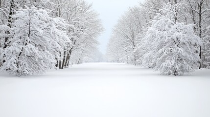 Fototapeta premium Snowy trees line a quiet path in a winter forest during a peaceful overcast day.
