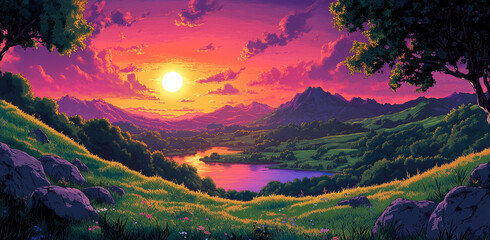 a landscape with a sunset, a colorful sky, hills and mountains, trees and grassy fields, and a small lake in the foreground.