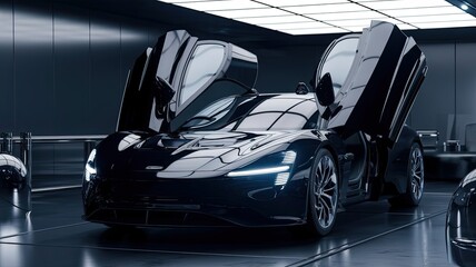 A sleek black sports car with unique butterfly doors is prominently displayed in an ultra modern exhibition space impressing auto enthusiasts during an event
