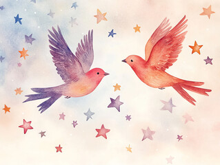 Fototapeta premium Two Colorful Birds Flying Among Stars 